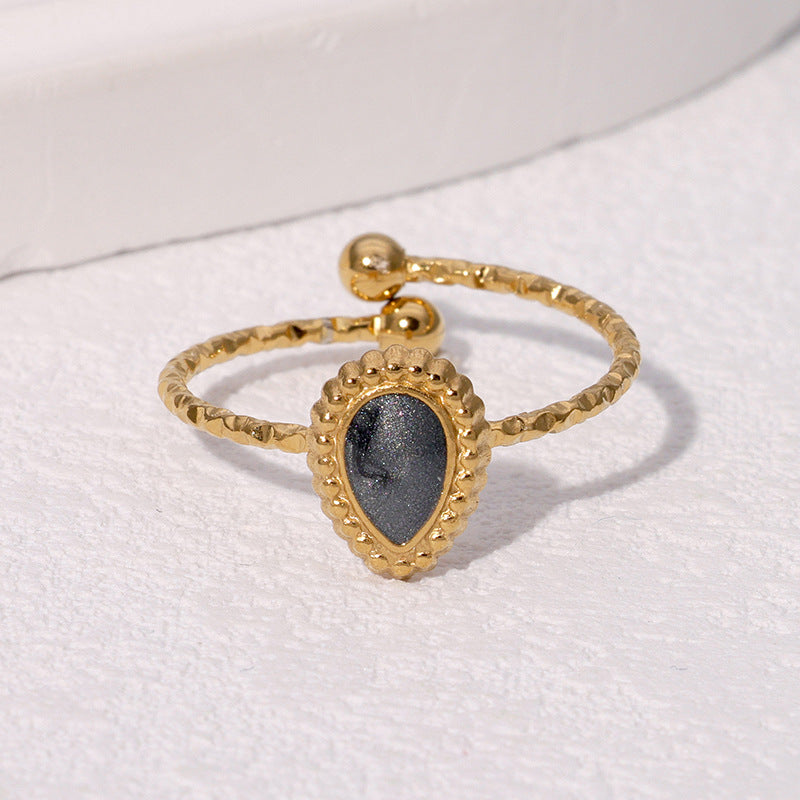 Anello aperto da donna vintage elegante a forma di goccia placcato oro in acciaio inossidabile con estetica lussuosa retrò francese