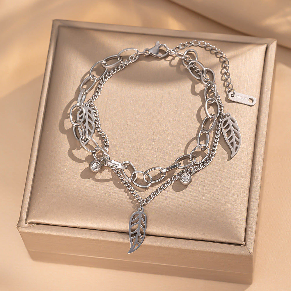 Minimalist Fashion Titanium Steel Double-Layer Leaf Pendant Necklace with Rhinestone Inlay for Women and Men