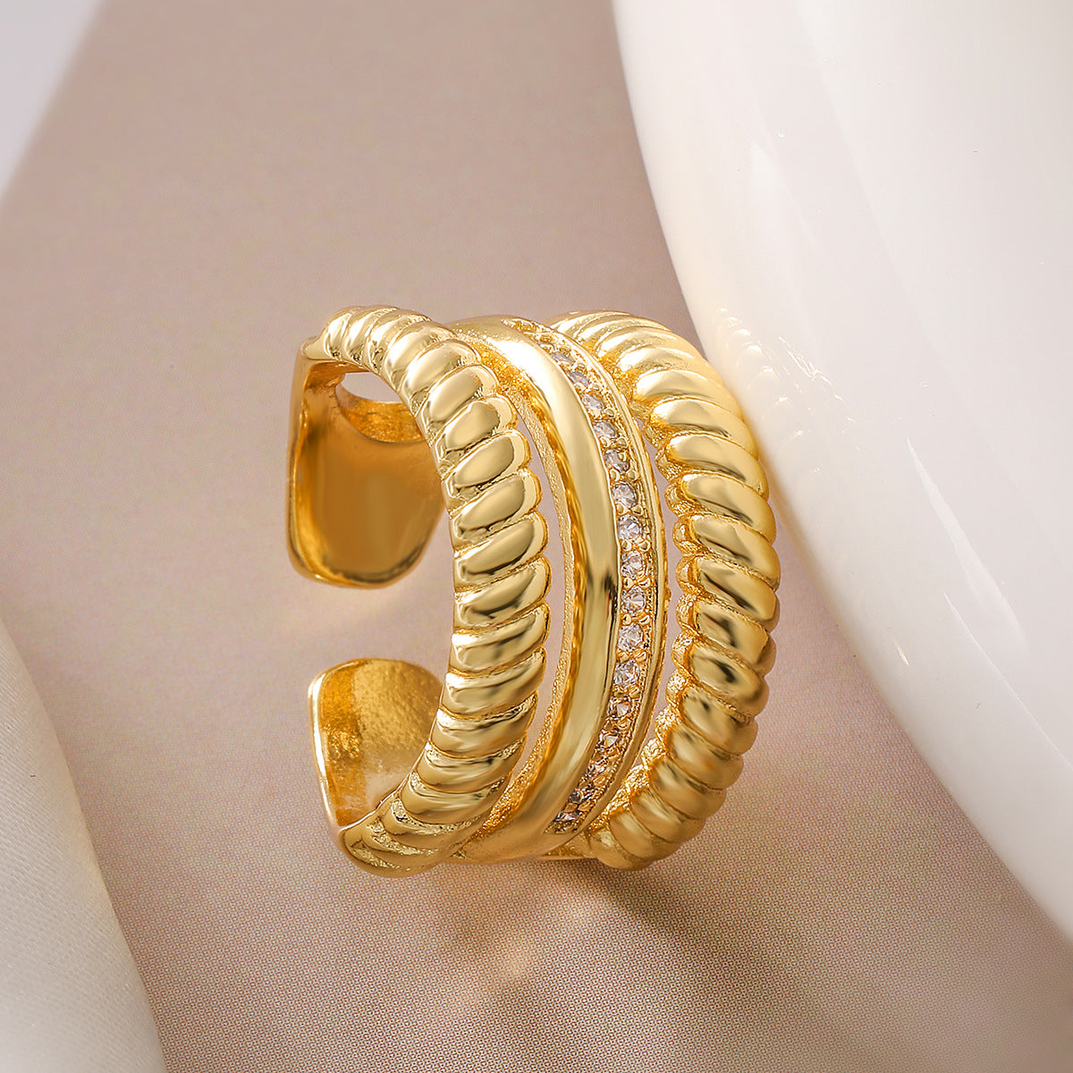 Minimalist Geometric Open Ring for Women Made of Brass with 18K Gold Plating and Zircon Inlay