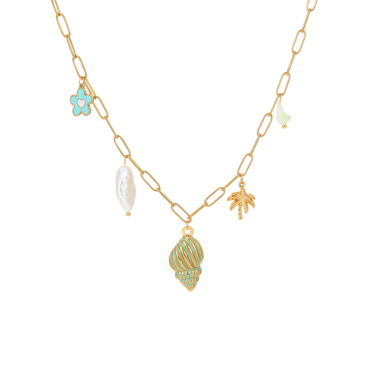Collana con ciondolo a tema oceano, con conchiglia e stella marina, alla moda per l'estate, in acciaio inossidabile con finitura placcata per donna