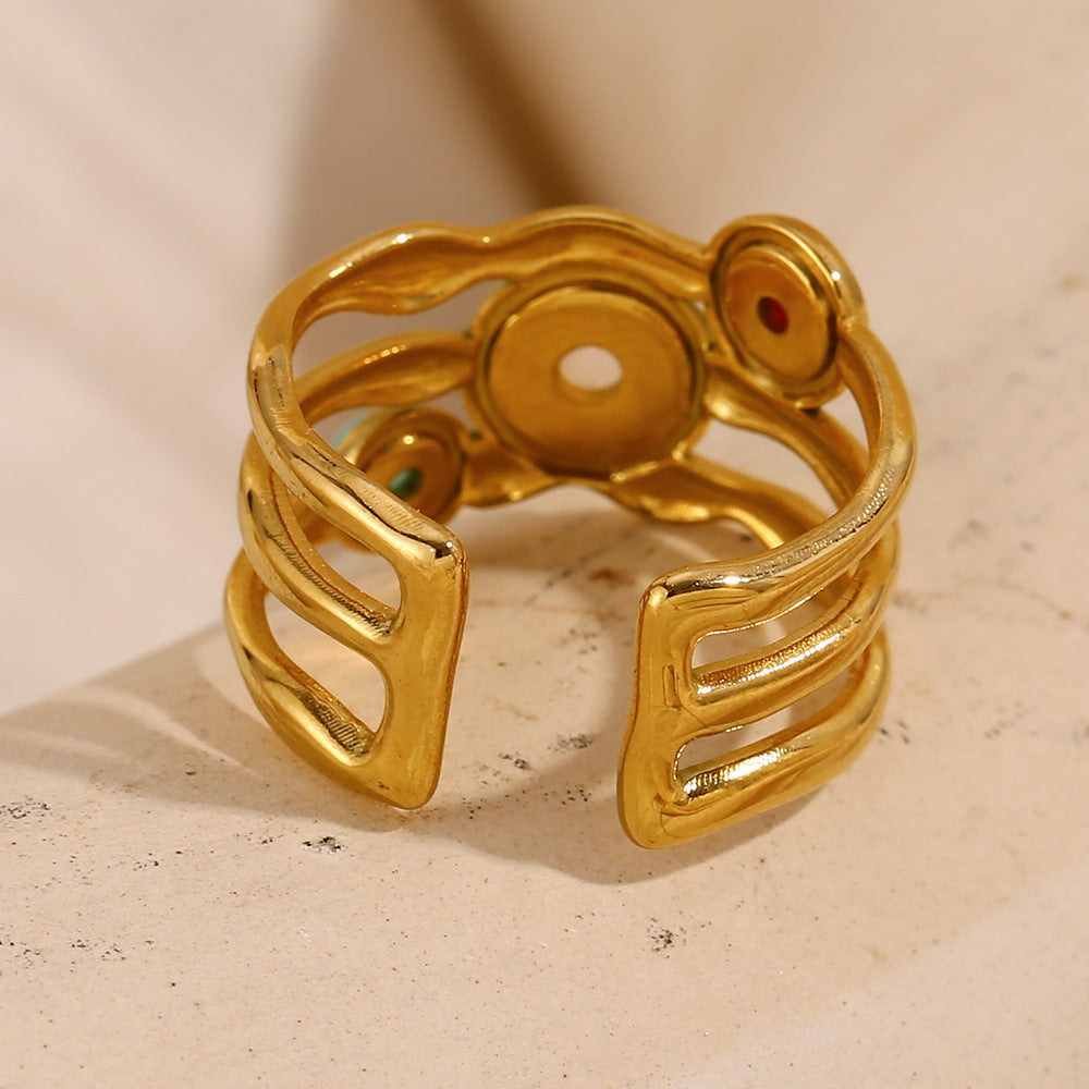 Minimalist Geometric Stainless Steel Ring with 18K Gold Plating and Multicolor Gemstone Accents for Women