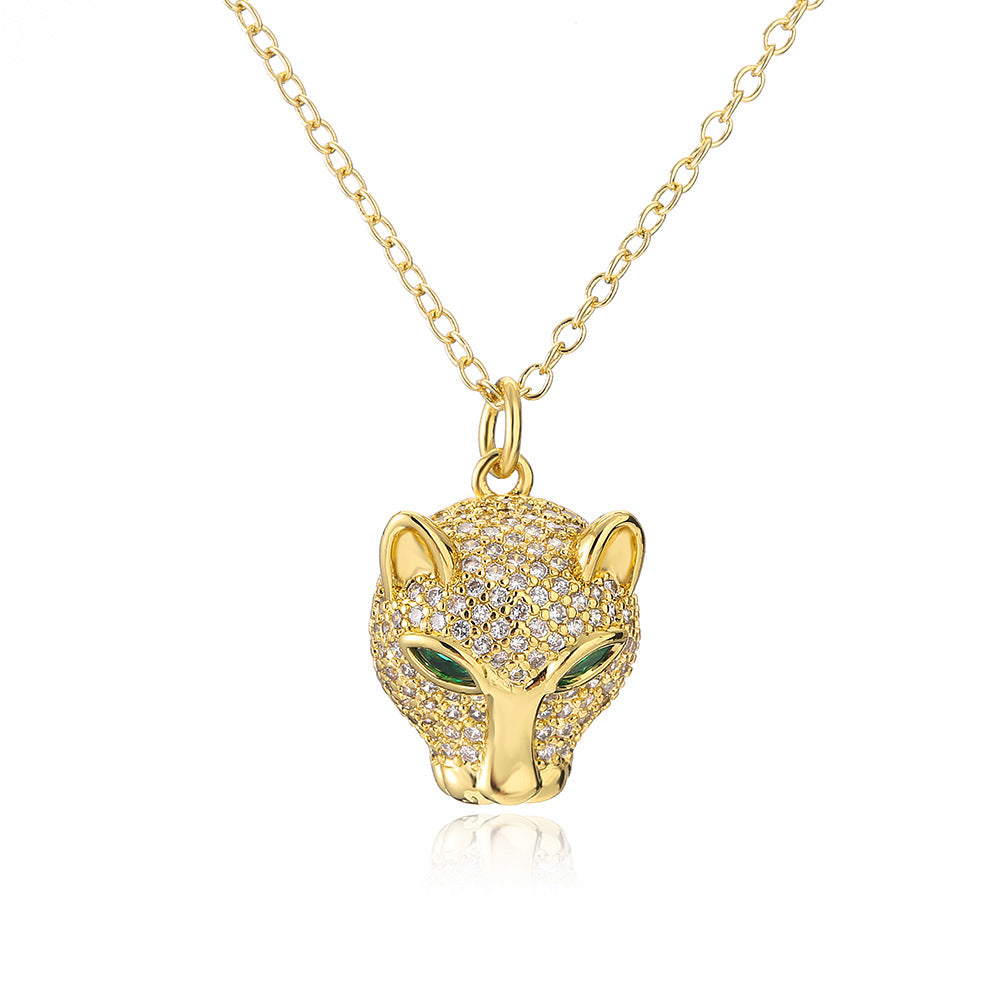Geometric Lion Leopard Head Pendant Necklace in Copper with Real Gold Plating and Zircon Inlay for Unisex Hip Hop Style