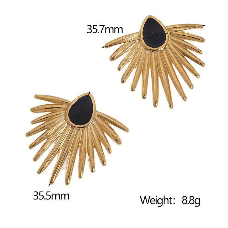 Fashion Geometric Fan Shape Stainless Steel Earrings with 18K Gold Plating and Enamel Drop Oil Finish for Women