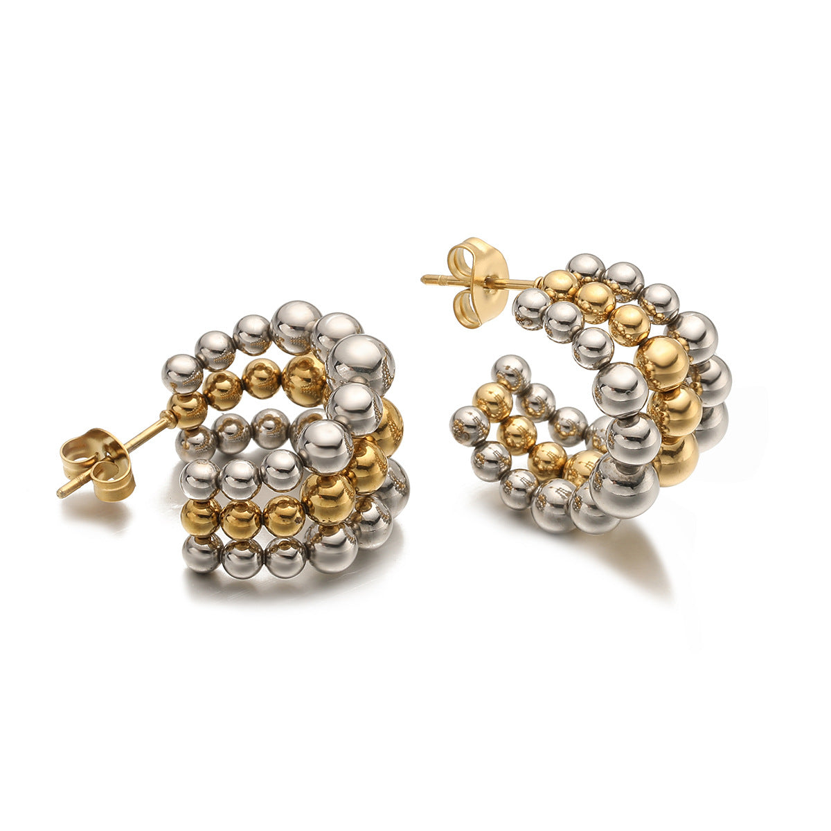 Minimalist Luxe Two-Tone Stainless Steel Beaded Earrings for Women Geometric Irregular Design Electroplated Fashion Everyday Jewelry