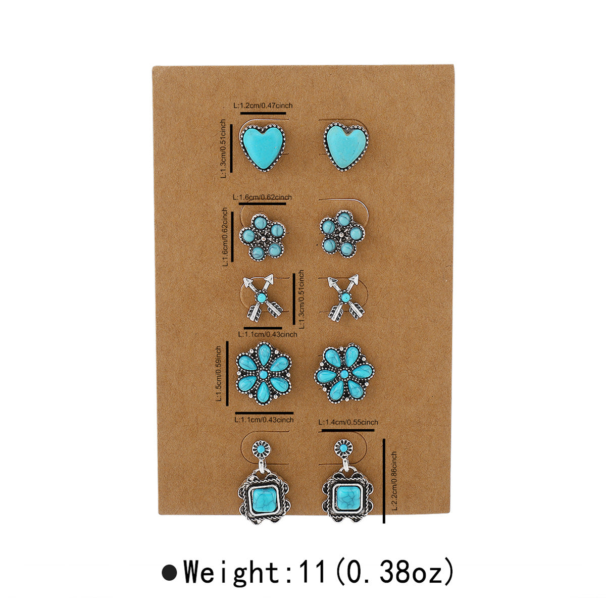 Set di Orecchini Pendenti Geometrici a Goccia in Stile Vintage Etnico a Cuore con Intarsio di Turchese e Finitura Placcata in Lega