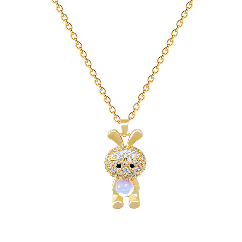 Sweet Luxury Cartoon Rabbit Geometric Rhinestone Pendant Titanium Steel Necklace for Unisex