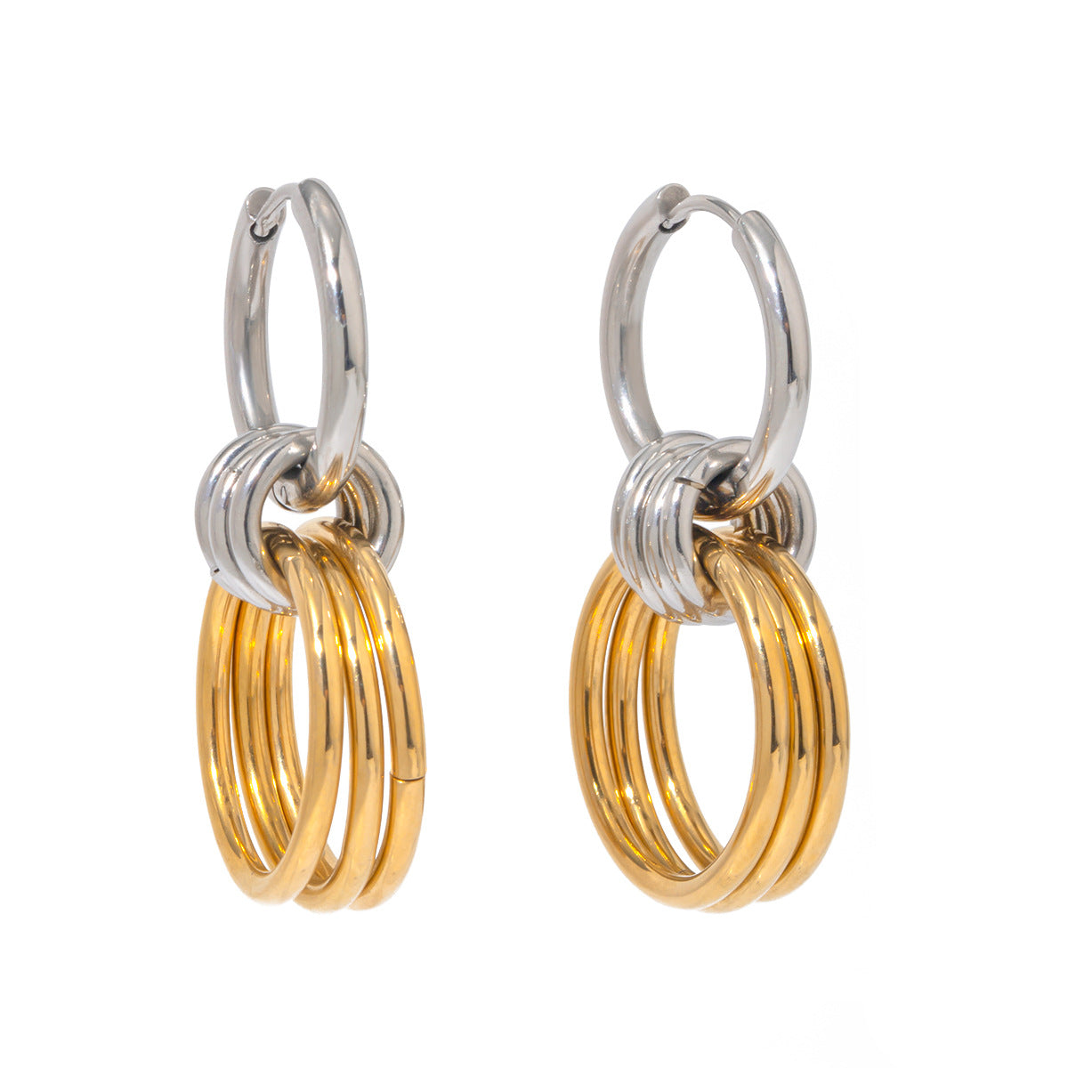 Two-Tone Polished 18K Gold Plated Stainless Steel Round Geometric Hoop Earrings with Three Gold Rings