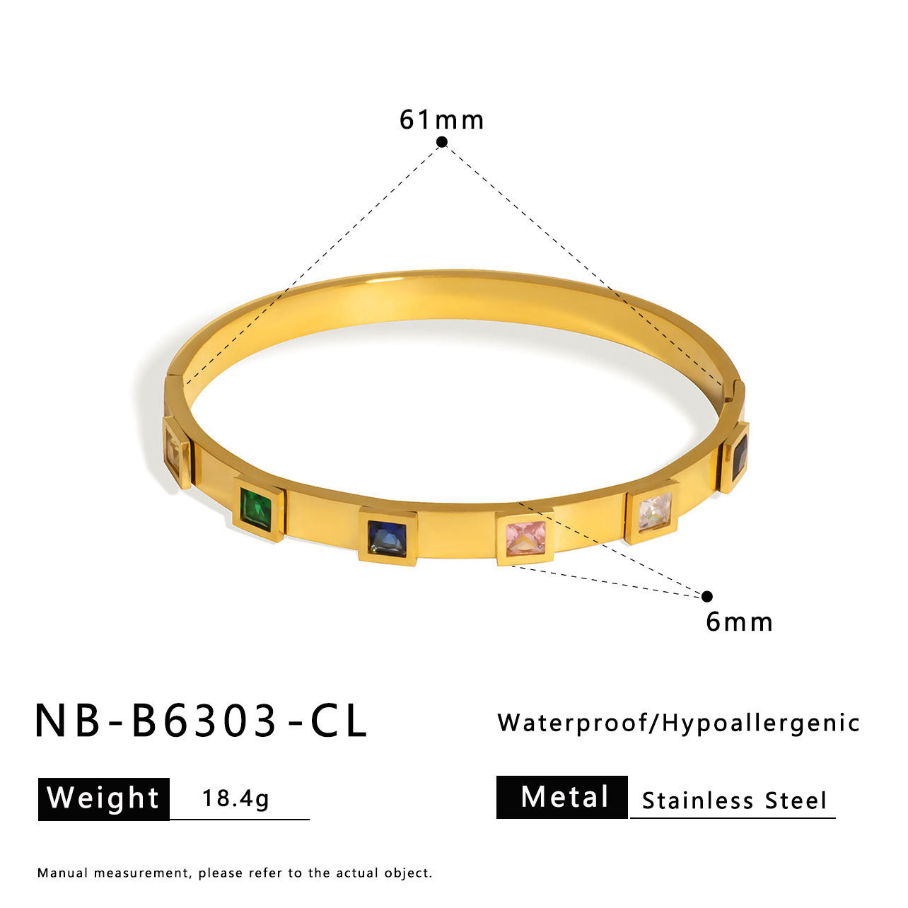 Minimalist Geometric Square-Cut Rhinestone Titanium Steel Bracelet for Women with Polished Gold Plating