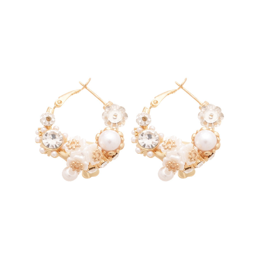 Orecchini Eleganti Francesi Vintage Floreali con Perle e Intarsi di Strass da Donna