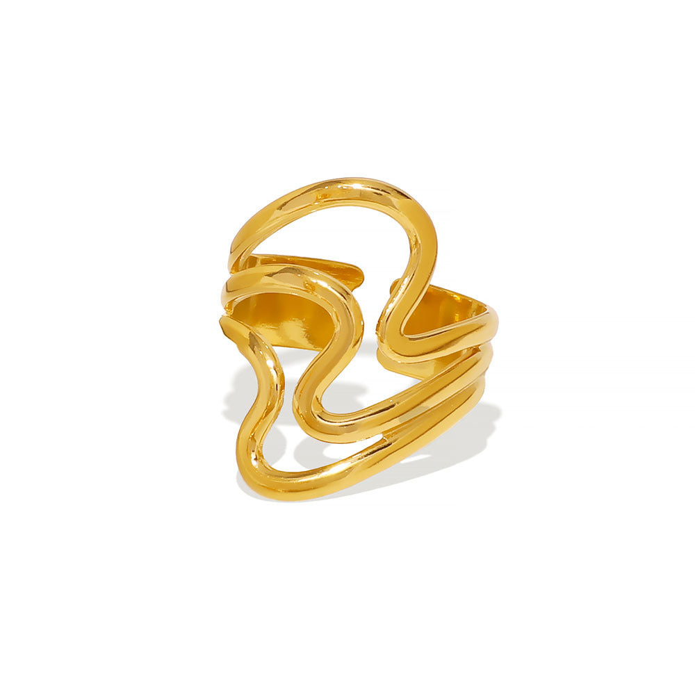 Minimalist 18K Gold Plated Stainless Steel Wavy Open Ring Asymmetric Geometric Design Unisex