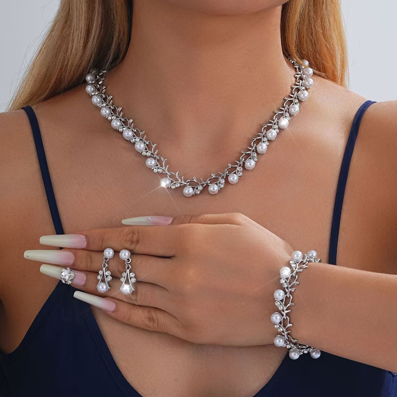 Chanel-Inspired Floral Pearl Necklace Set for Women with Rhinestone Inlay, Wavy Chain, and Matching Earrings and Bracelet
