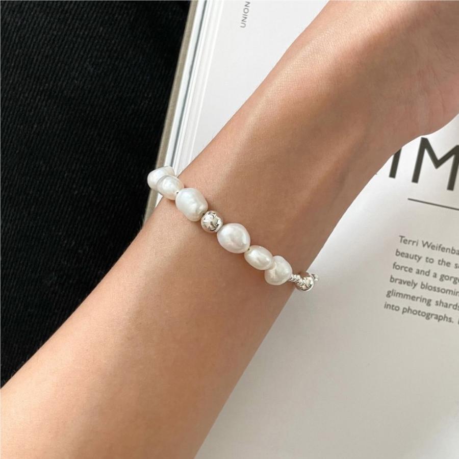Bracciale minimalist geometrico con perle e perline in argento sterling S925, gioiello fatto a mano con catenina sottile