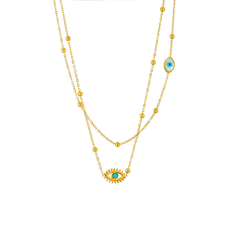 Collar con Colgante de Ojo Azul Hueco de Doble Capa Minimalista de Moda en Acero de Titanio con Cuentas Doradas y Acabado Esmaltado