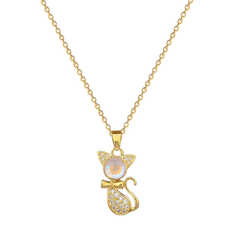 Collar con colgante de gato minimalista de acero de titanio con detalles de circonita cúbica, diseño geométrico, cadena de medallón ligera para mujeres y hombres