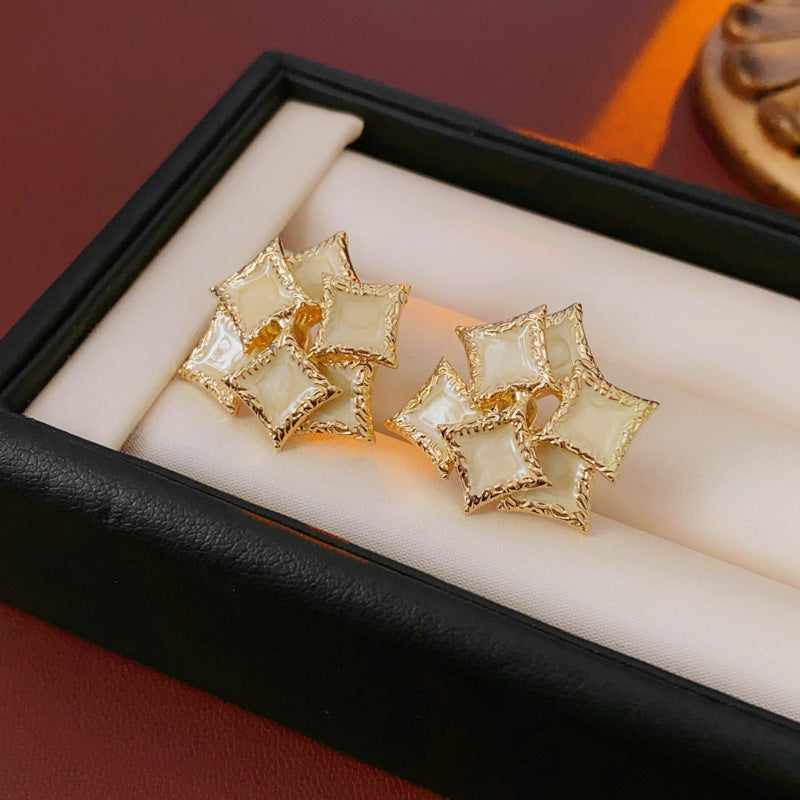 Vintage French-Style Geometric Square Enamel Earrings with Stainless Steel Posts for Women