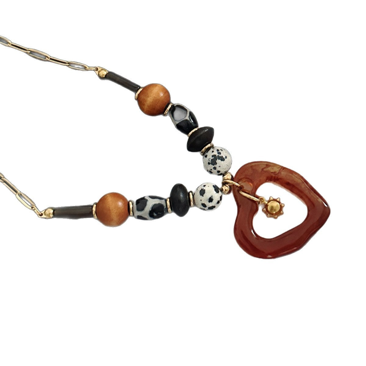 Collana Vintage Bohemien con Cuore in Resina e Acciaio Inossidabile da Donna