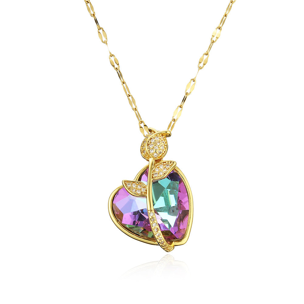 Collana con ciondolo a forma di rosa romantica da donna, con base in rame placcata in oro 18K e dettagli in zircone, design a cuore oceanico