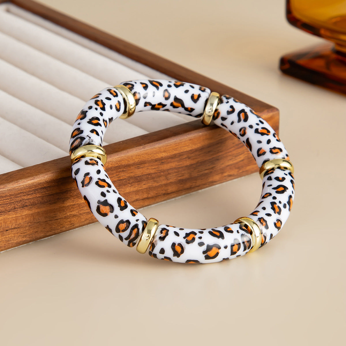 Vintage Geometric Marble Texture Leopard Print Acrylic Elastic Bracelet for Women