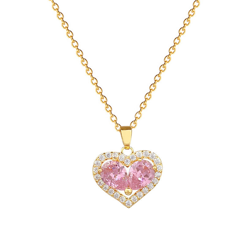 Sweet Minimalist Pink Hollow Heart Rhinestone Inlay Titanium Steel Necklace for Unisex