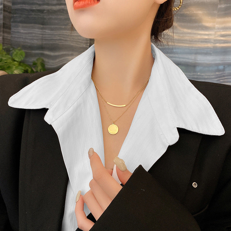 Minimalist Geometric Titanium Steel Double-Layer Necklace for Women with Plated Finish Snake Chain Style