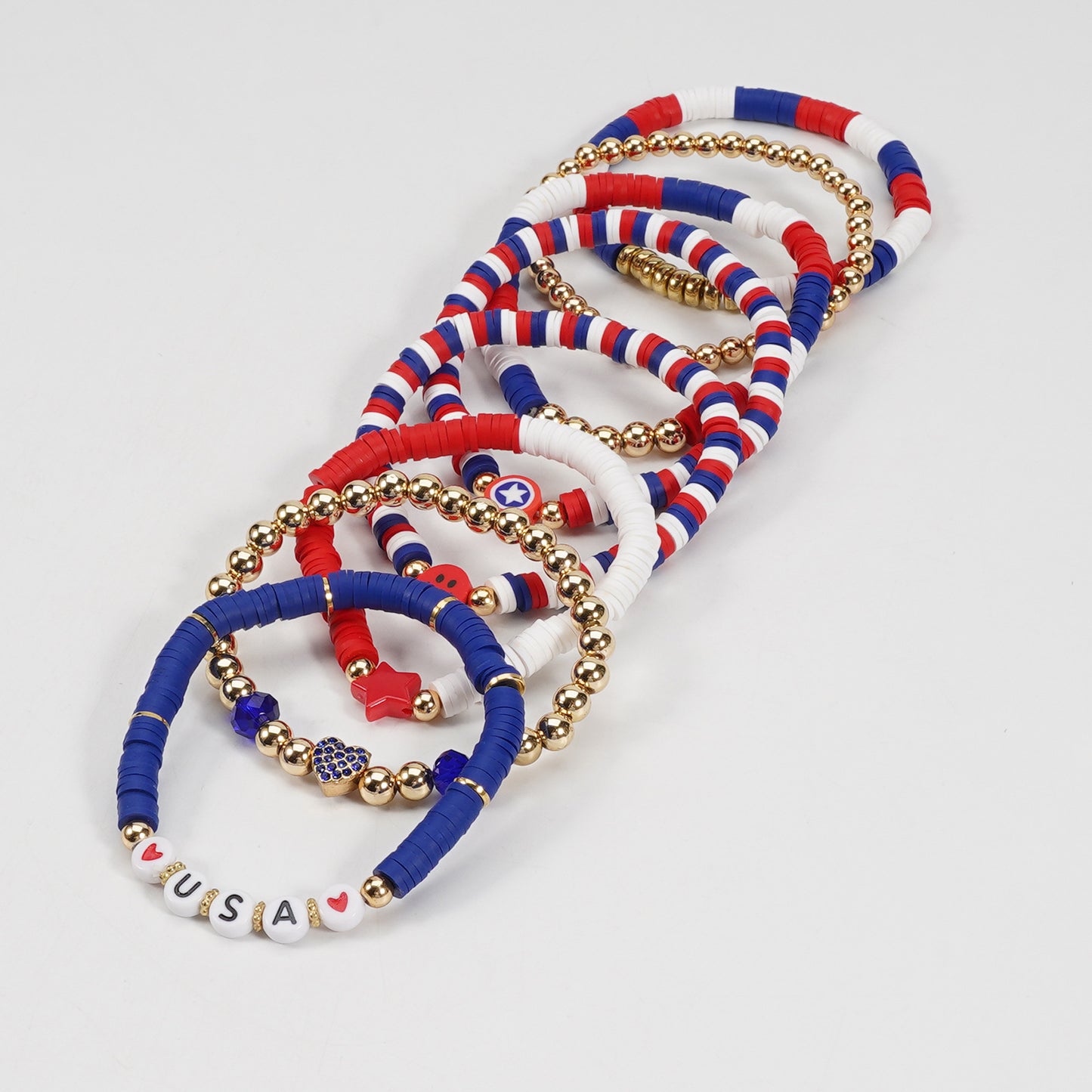 Pulsera de cuentas de resina geométrica unisex con bandera de Estados Unidos en rojo, blanco y azul