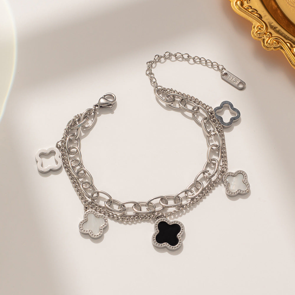 Minimalist Fashionable Black and White Shell Double-Layer Four-Leaf Clover Titanium Steel Bracelet for Women