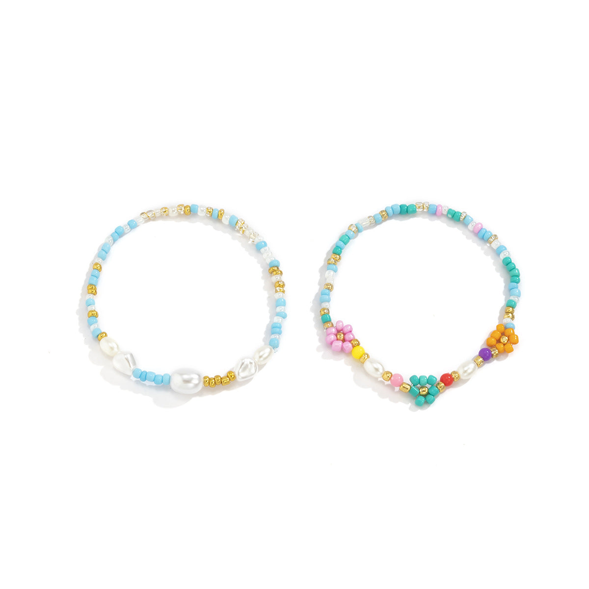 Fresh and Sweet Daisy Embroidered Elastic Bracelet Set for Women with Geometric Beaded Design in Resin Material