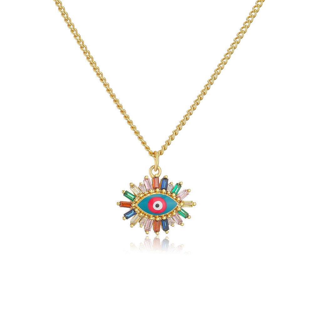 Collana con pendente a occhio di Allah geometrico minimalista da donna, base in rame placcata oro 18K e dettagli in smalto colorato