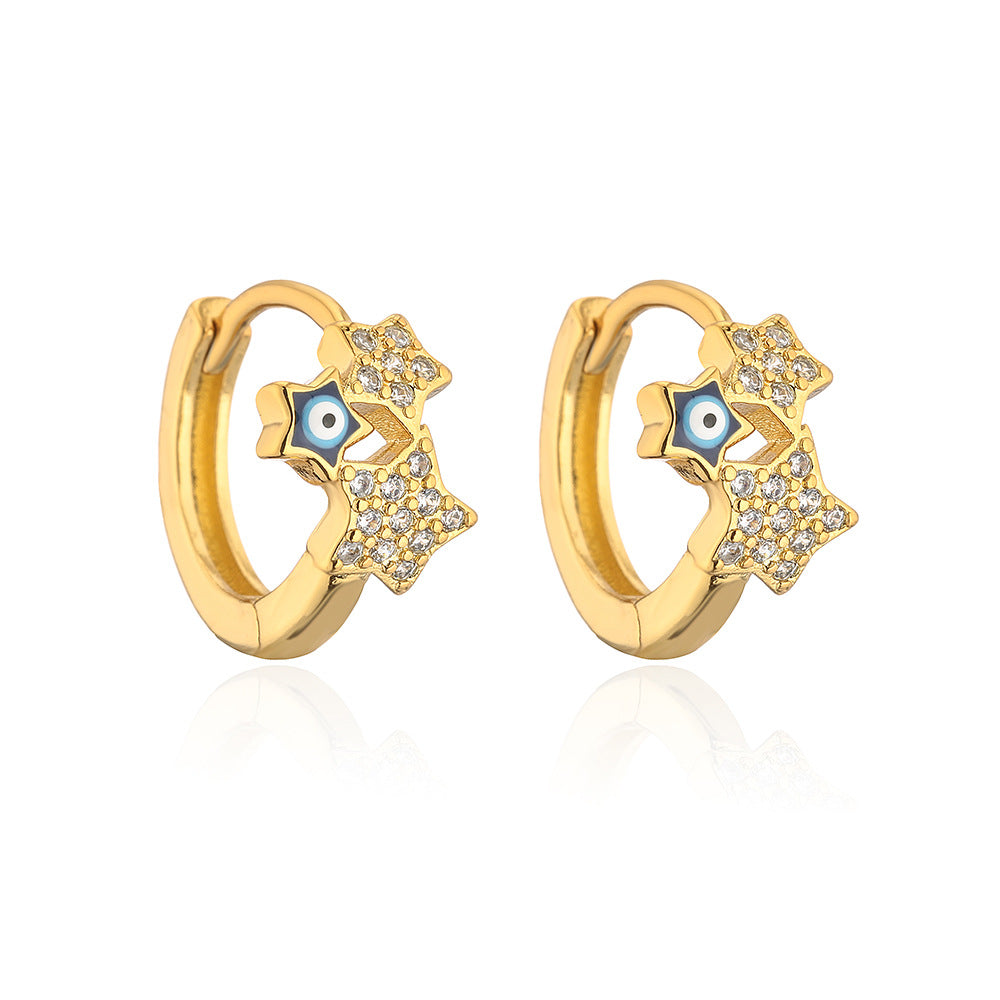 Fashionable Geometric Star-Shaped Copper Earrings with Gold Plating and Enamel Eye Detail for Women