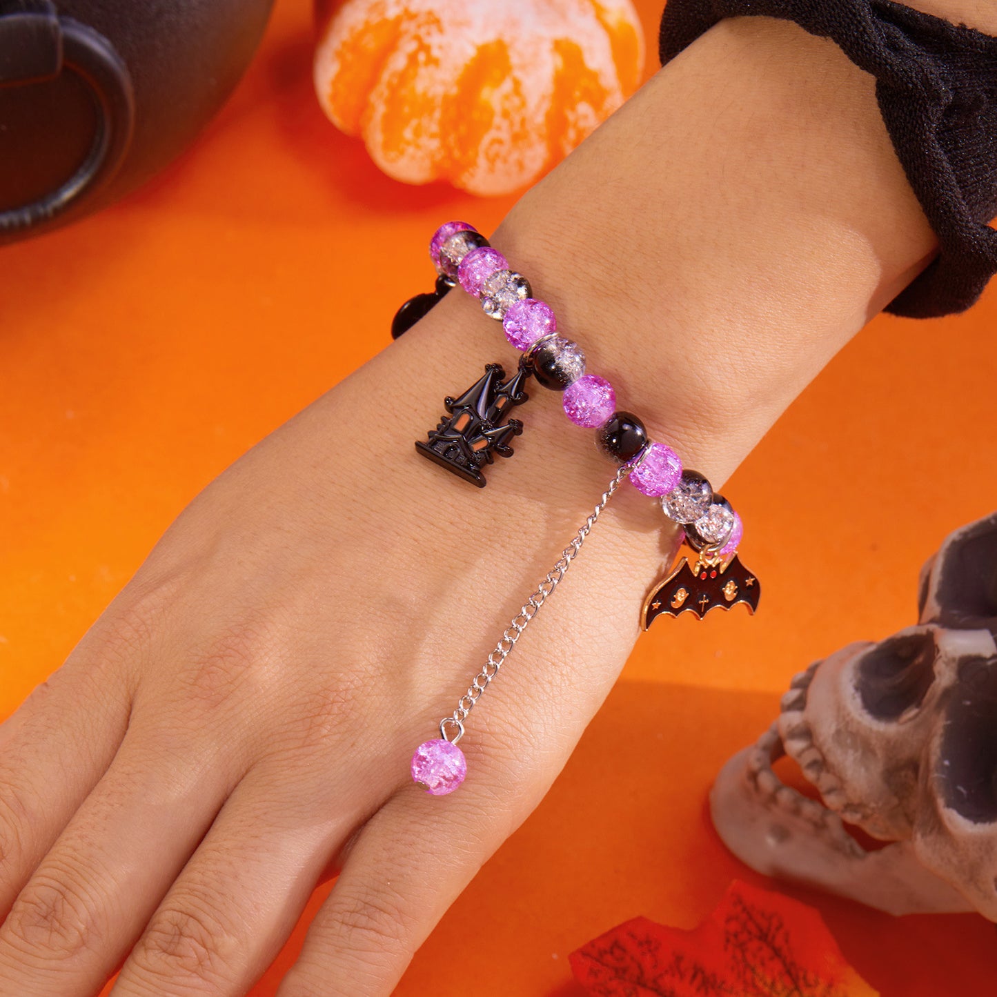 Conjunto de pulseras de calabaza de Halloween con diseño elástico de cuentas para mujer, pulsera de plástico con forma geométrica con acabado hecho a mano