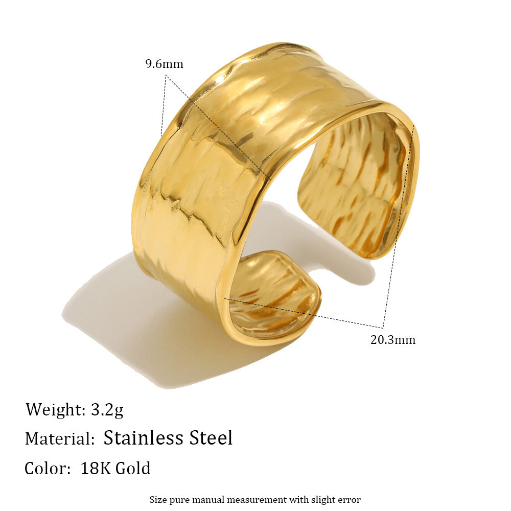 Minimalist 18K Gold Plated Geometric Hammered Textured Wide Band Open Ring for Women