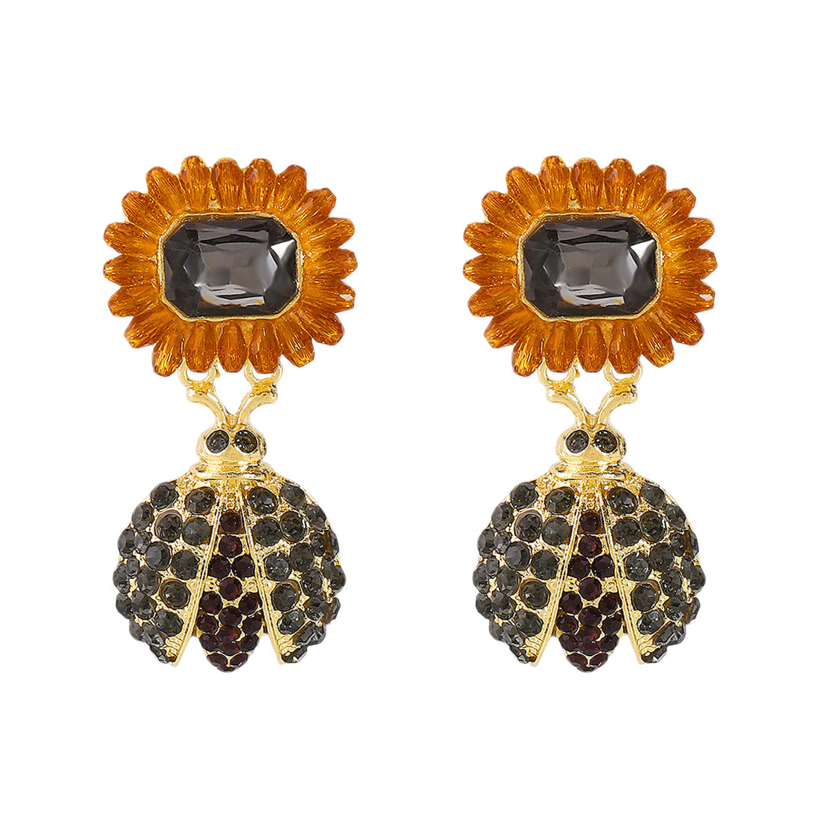 Exaggerated Beetle-Shaped Zinc Alloy Earrings with Rhinestone Inlay for Women, Geometric Insect Design, Minimalist Chic Style