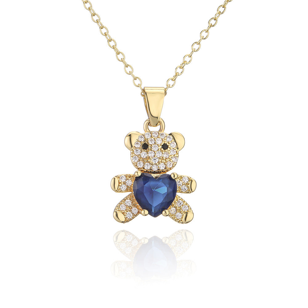 Cute Bear-Shaped Pendant Necklace in Copper with Micro-Paved Zirconia, Heart Design, Minimalist Style