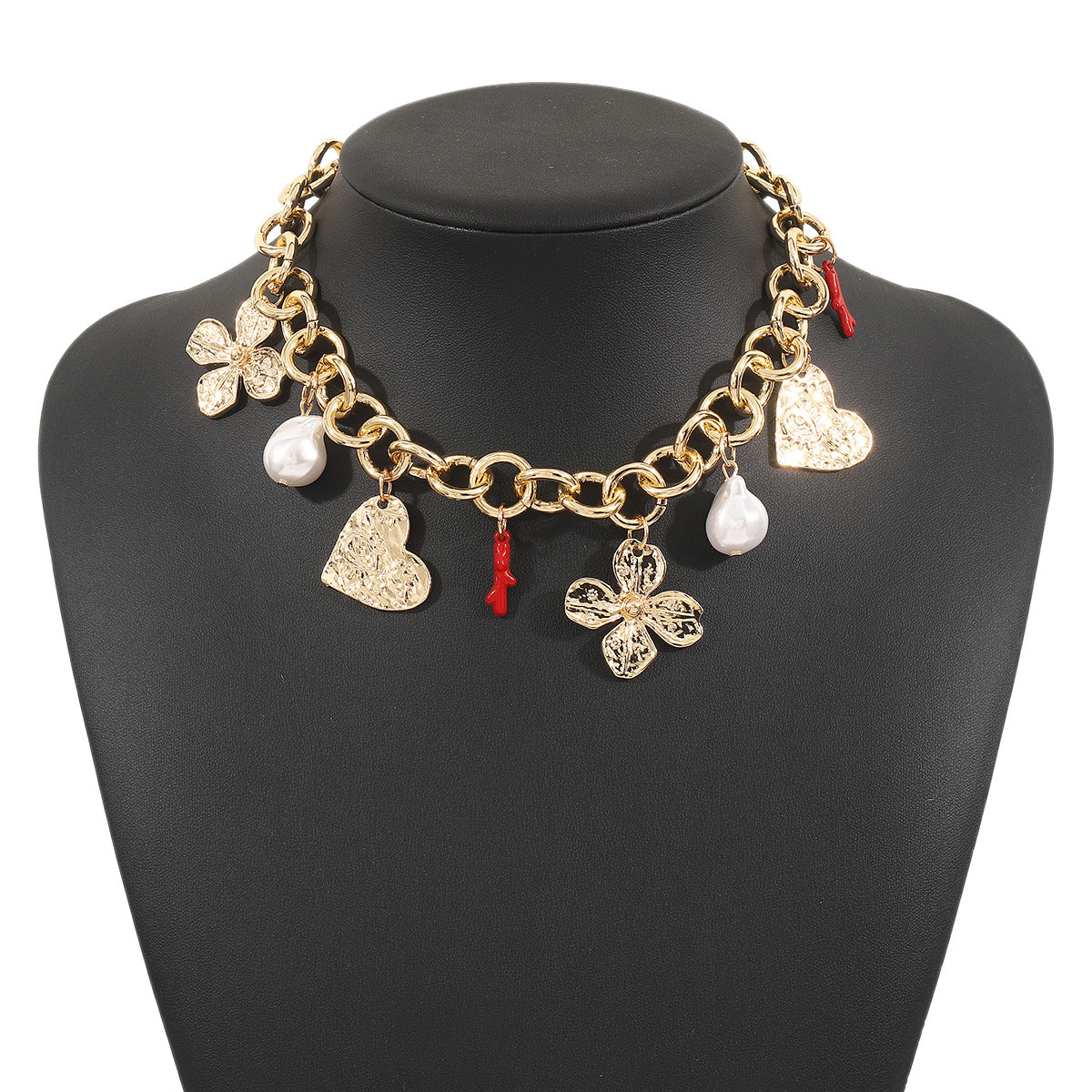 Collana da Donna con Ciondolo a Cuore e Fiori in Stile Dolce Ins Lega di Zinco Placcata con Catenina a Medaglione