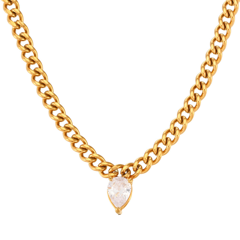 Fashionable Geometric Cubic Zirconia Pendant Necklace for Women on Stainless Steel Cuban Chain with Plated Finish