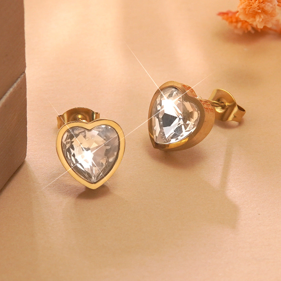 Elegant Gold Plated Stainless Steel Heart Cubic Zirconia Stud Earrings