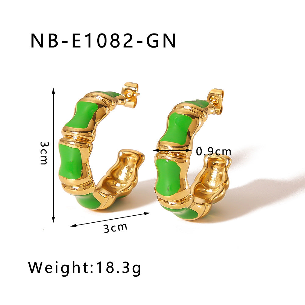 Minimalist Stainless Steel Bamboo Joint C-Shaped Earrings with Enamel Coloring and Gold Plating for Women
