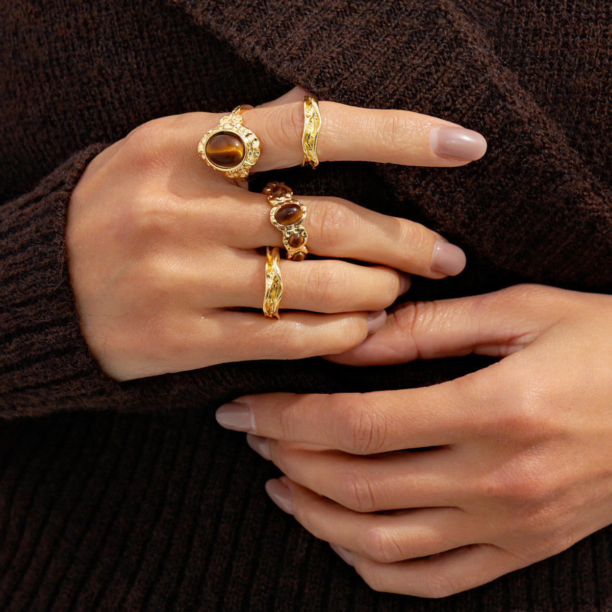 Vintage Geometric Oval Tiger Eye Plated Zinc Alloy Open Ring for Women