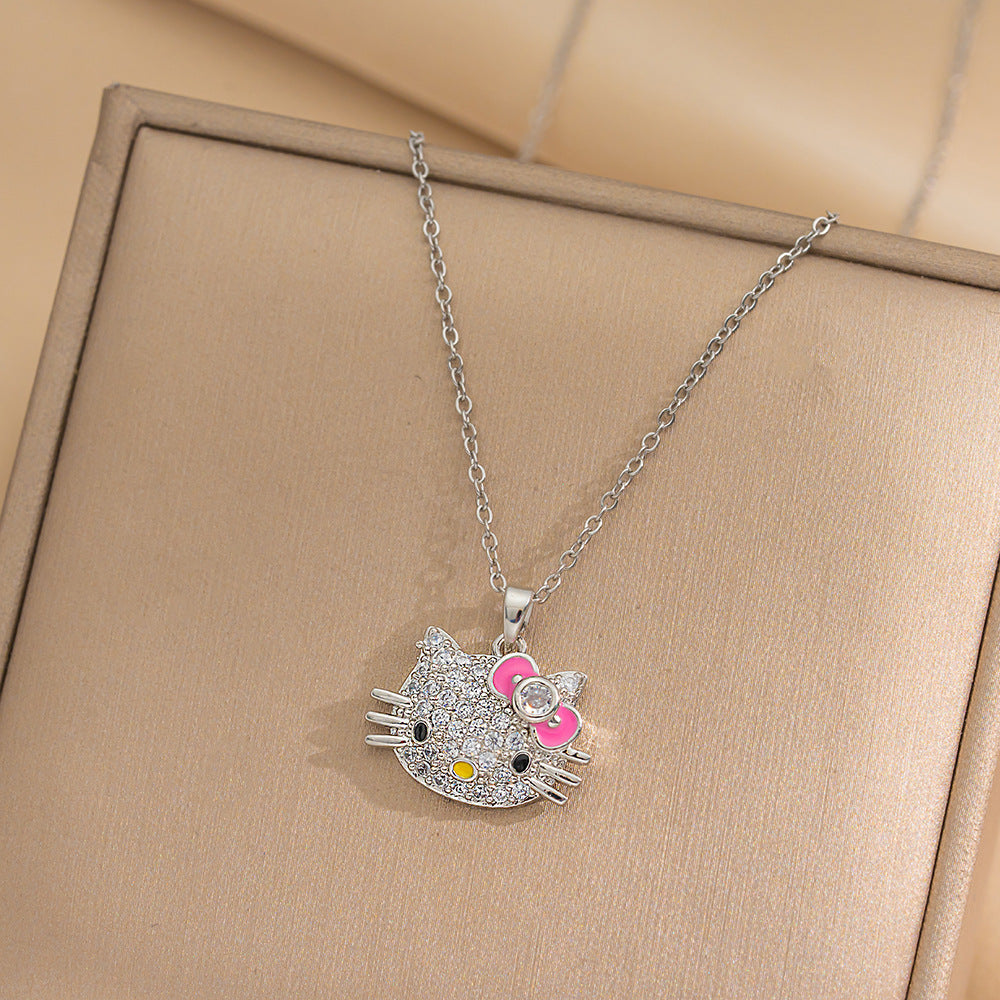 Collana Pendente Gatto Geometrico Minimalista in Acciaio Titanio con Zirconi Micro-Incastonati Placcata Oro Vero con Catena a Serpente per Donna