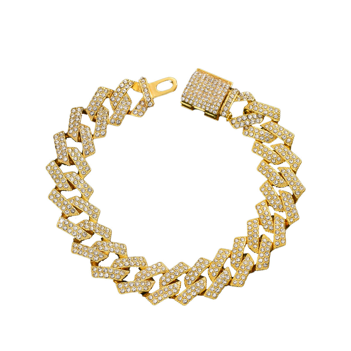 Minimalist Geometric Rhinestone-Set Alloy Bracelet for Men with Diamond-Inlaid Rhombus and U-Shaped Links