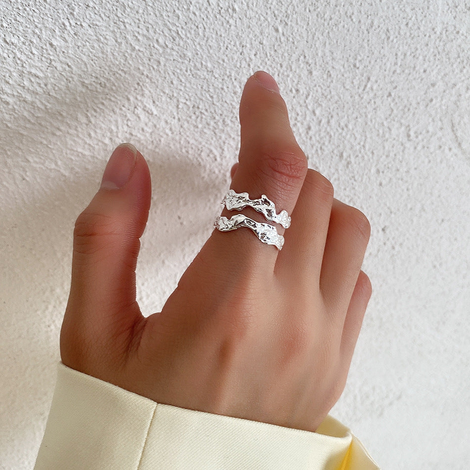 Irregular Textured Double-Layer S925 Sterling Silver Ring for Women with Chain-Inspired Design and Natural Texture