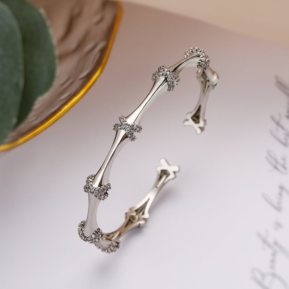 Minimalist Bamboo-Shaped Open Bangle for Women Made of Brass with Real Gold Plating and Micro-Paved Zirconia