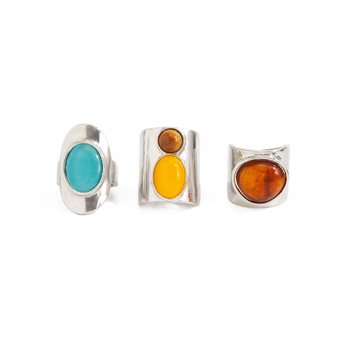 Vintage Geometric Oval Zinc Alloy Plated Ring with Resin Gemstone Inlay Adjustable Charm Bar
