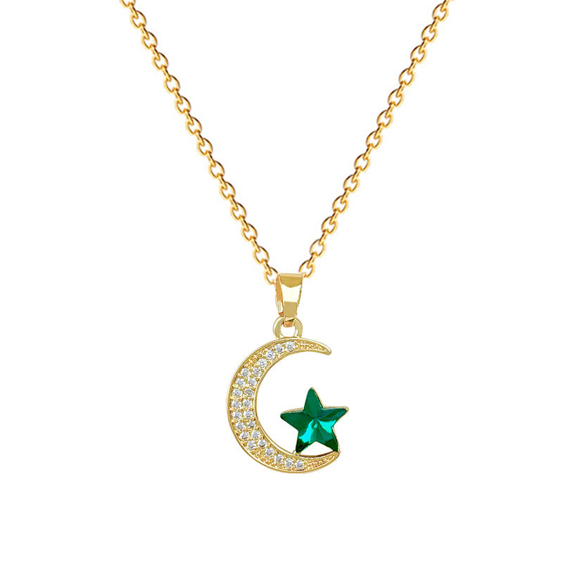 Sweet Elegant Star Moon Geometric Rhinestone Titanium Steel Necklace for Unisex