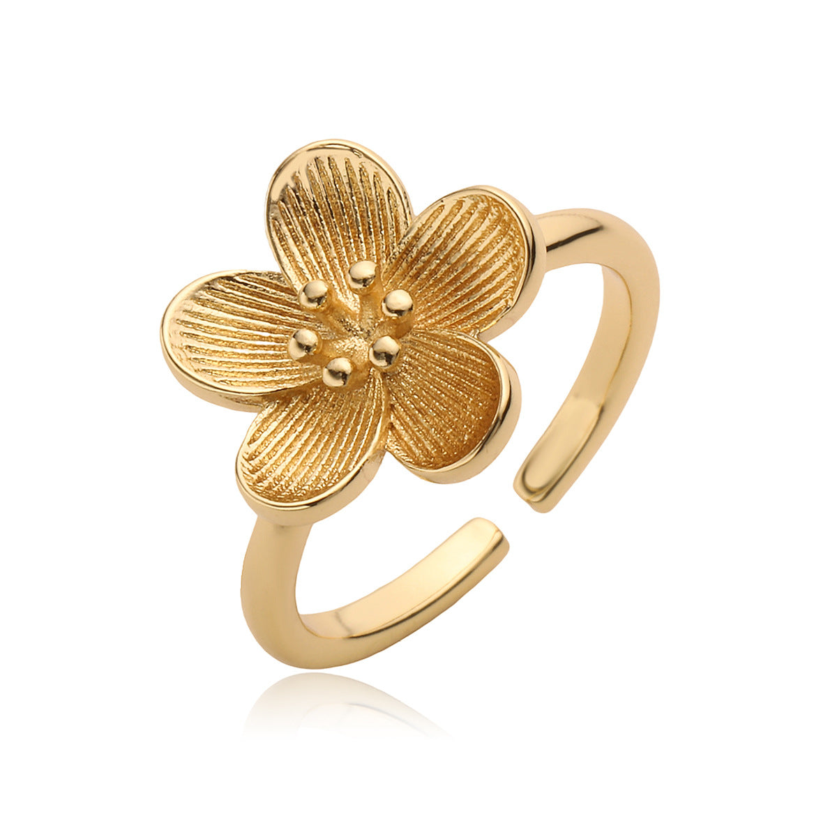 Elegant Minimalist Geometric Flower-Shape Opening Ring for Women Made of Brass with 18K Gold Plating