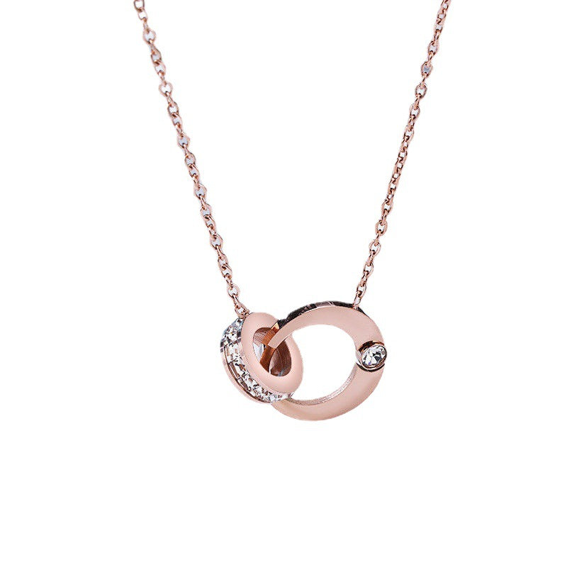 Minimalist Moon-Shaped Titanium Steel Double Ring Necklace for Women with Micro-Pavé Zirconia, Hypoallergenic Snake-Style O-Chain, Elegant Clavicle Chain