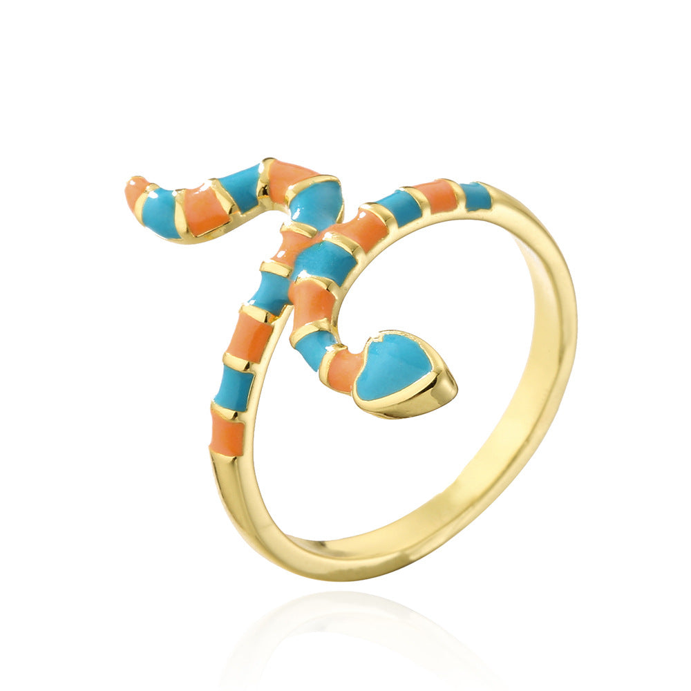 Bohemian Style 18K Gold Plated Copper Snake Shape Open Ring with Enamel Micro-Inlay for Women