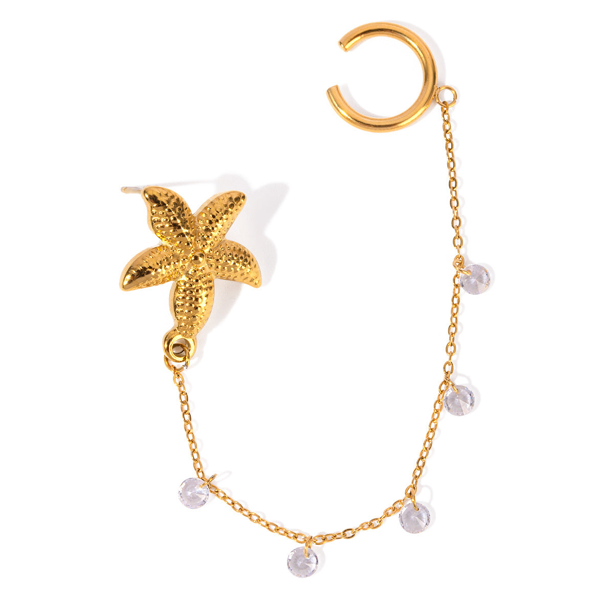 Ins Style Summer Ocean Series 18K Gold Plated Stainless Steel Starfish Rhestone Clip-on Earrings for Women
