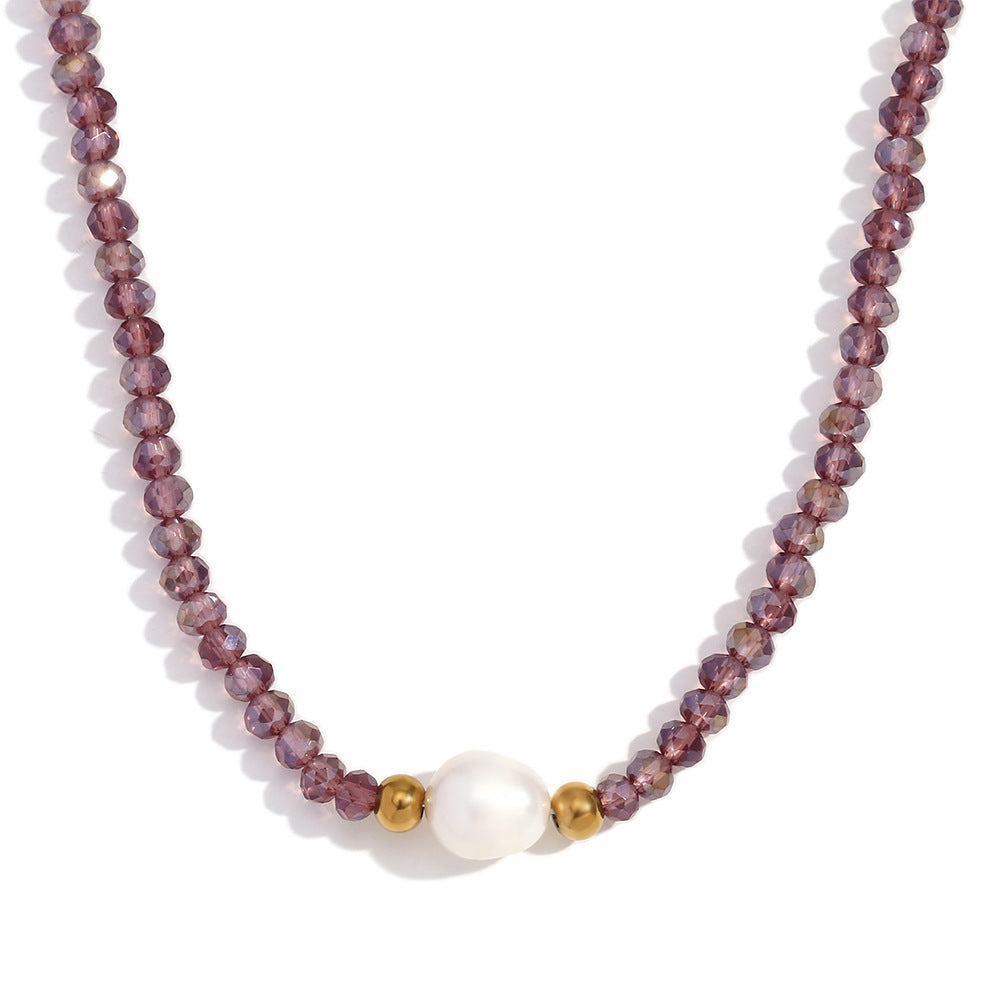 Collana con Pendente Geometrico Minimalista in Acciaio Inossidabile con Perla d'Acqua Dolce e Perle di Cristallo Viola da Donna