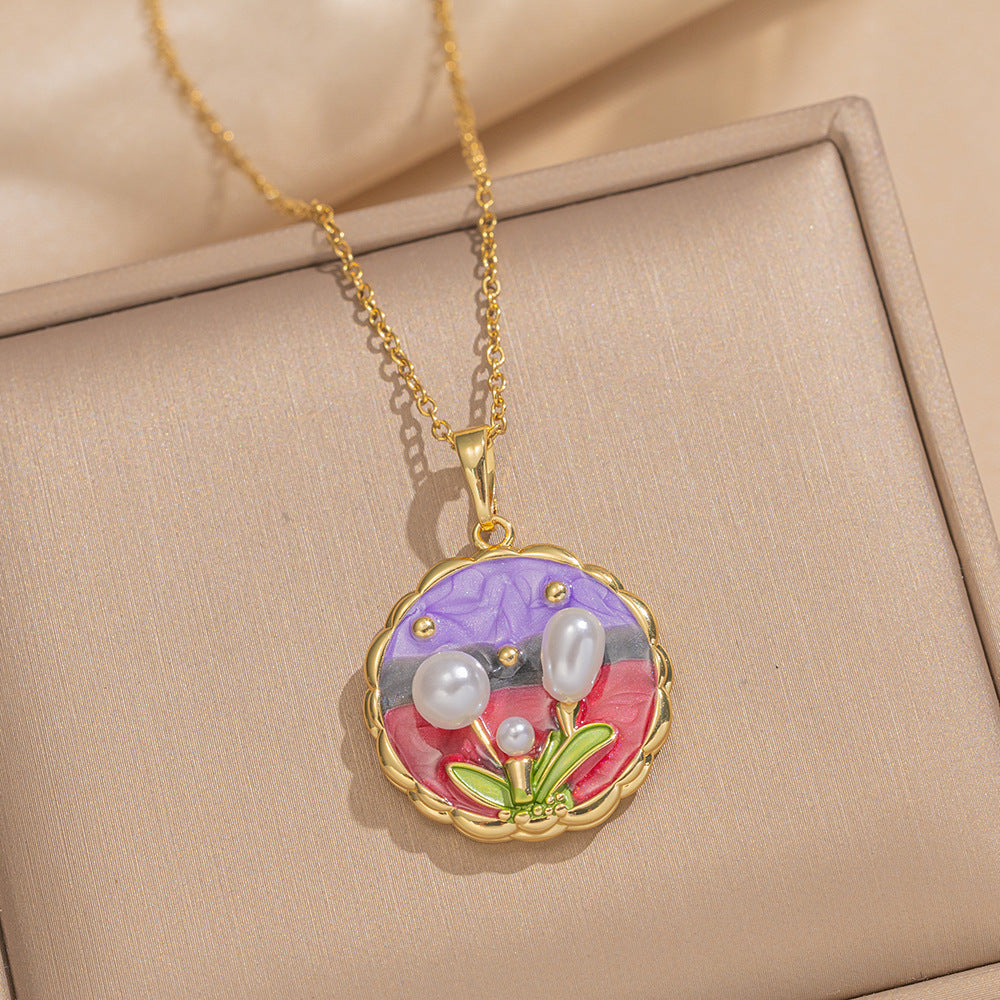 Elegant French Vintage Enamel Floral Pendant Necklace with Freshwater Pearl and Titanium Steel Chain